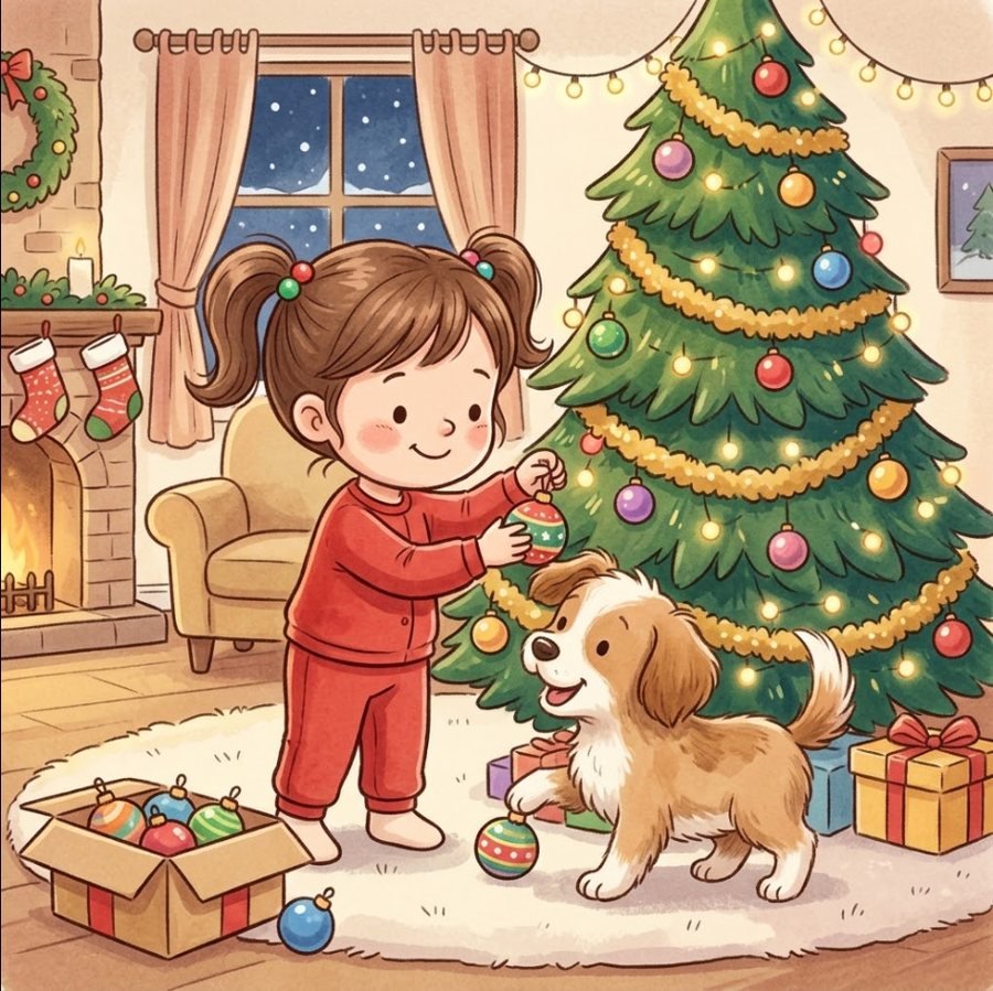 Ilustración de una niña decorando el árbol de Navidad con su perrito